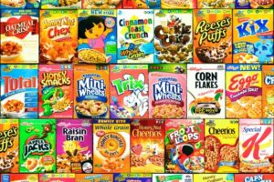 A wall of cereal boxes with different types and flavors.