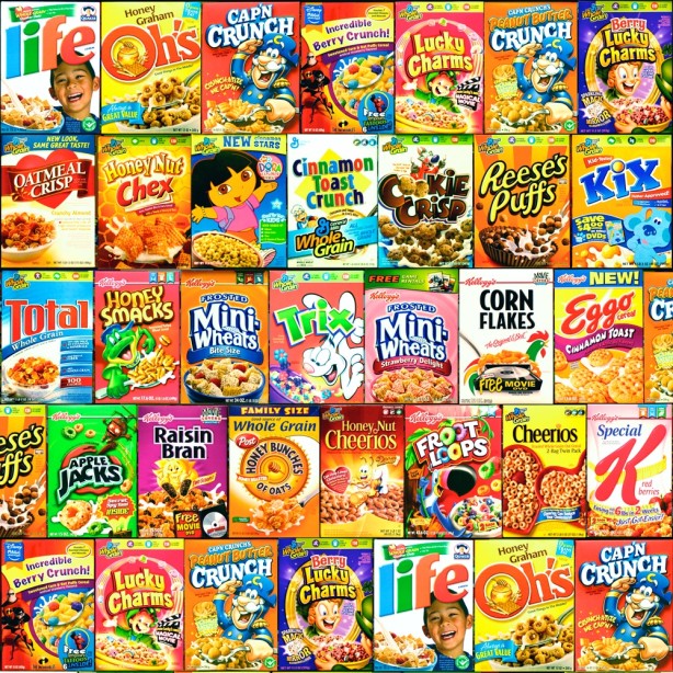 A wall of cereal boxes with different types and flavors.