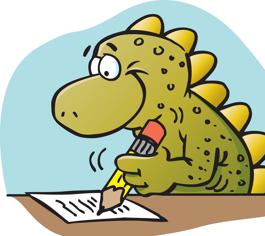 A dinosaur is writing on paper with a pencil.